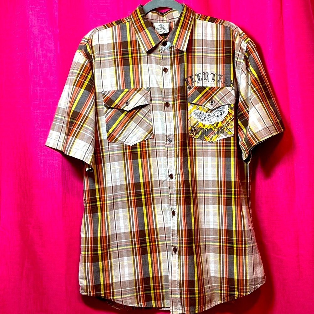 RAW BLUE PLAID SHORT SLEEVE BUTTON UP SIZE XL